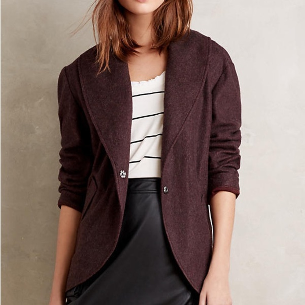 Anthropologie Dark Plum Single-Breasted Wool-Blend Blazer